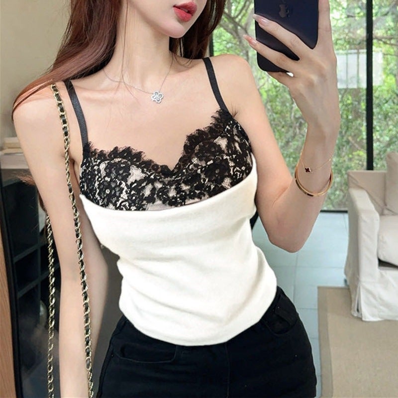 2025 Spring New Pure Style Lace Stitching With Chest Pad Beauty Back Vest Sling Top White - Image 5